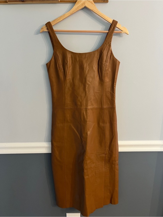 BCBGMaxAzria Dresses & Skirts - BCBG Max Azria 100% Leather Cognac Brown Sheath Midi Dress Size 6